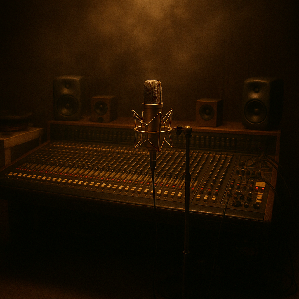 Recording studio with microphone and mixing console